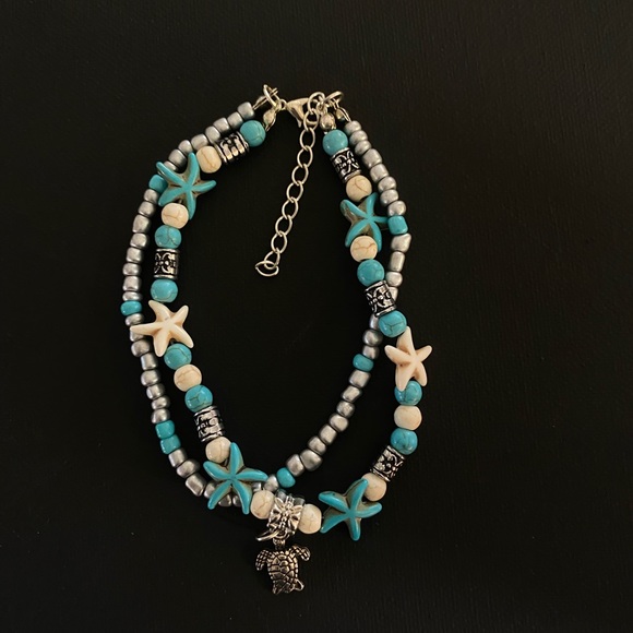 Boho Blue Starfish Turtle Multilayer Anklet - Picture 7 of 9